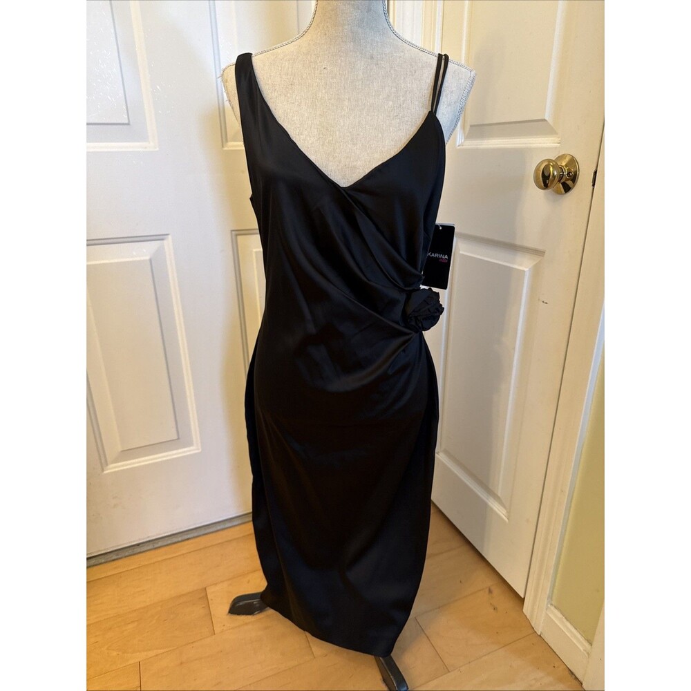 SLEEK BLACK WHIMSYGOTH Y2K Karina Nites sleeveless Faux Wrap midi dress Size 10